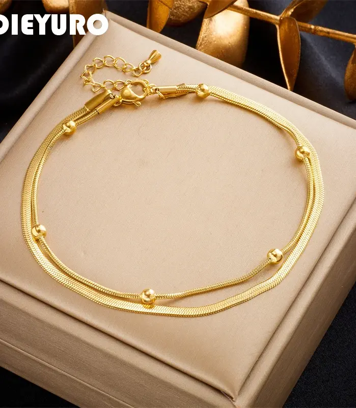 Tobilleras DIEYURO 316L de acero inoxidable de Color dorado de doble capa para mujer y niña, nueva tendencia, cadena para pierna, joyería impermeable, regalo para fiesta 1