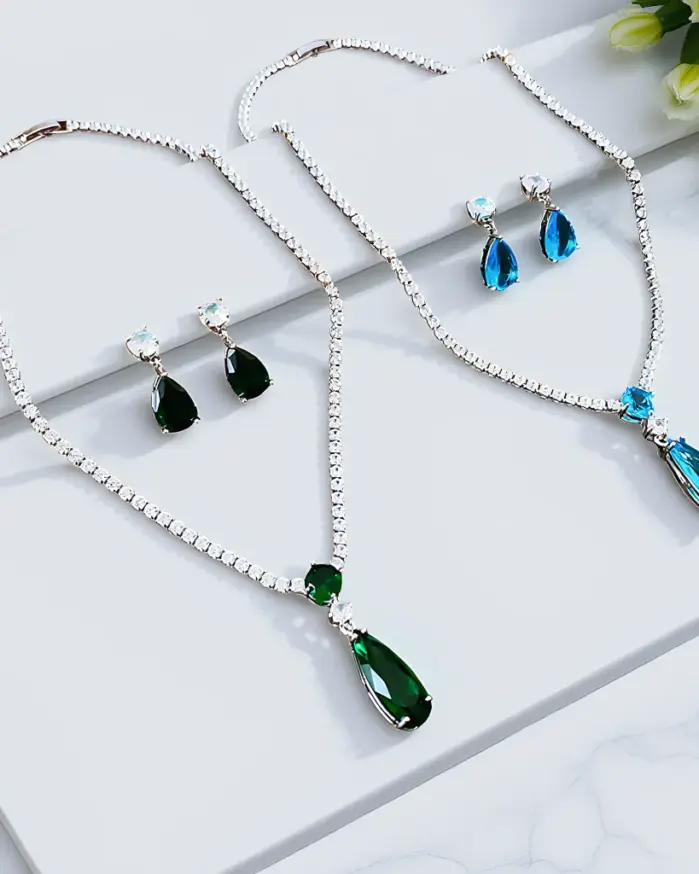 Juego de Joyería Vintage Elegante de 3 Piezas para Mujer, Collar con Gota de Agua Azul, Gargantilla de Cristal Brillante, Aretes de Novia para Boda, Fiesta 1