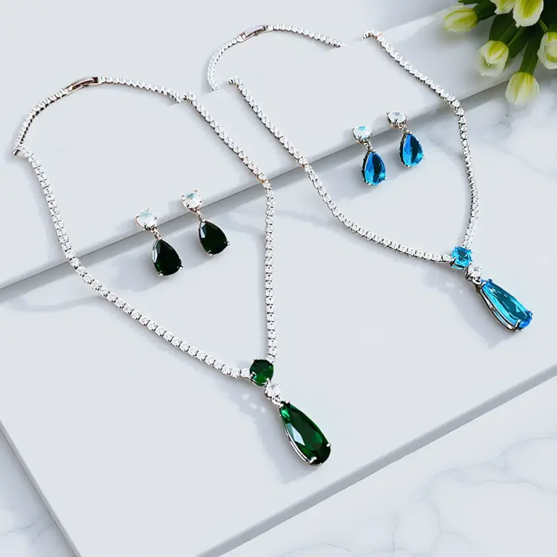 Juego de Joyería Vintage Elegante de 3 Piezas para Mujer, Collar con Gota de Agua Azul, Gargantilla de Cristal Brillante, Aretes de Novia para Boda, Fiesta 1