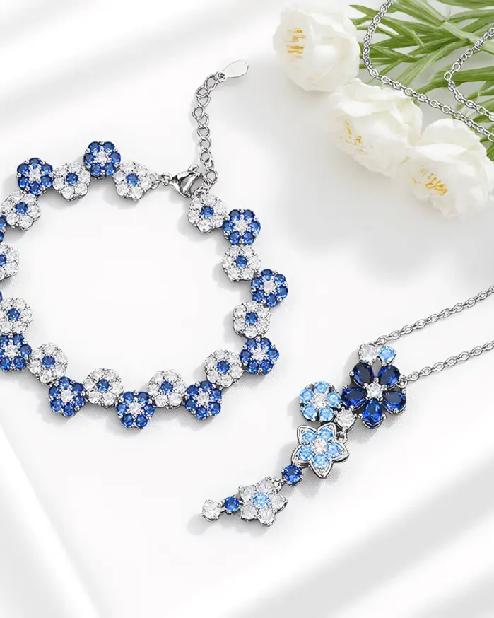 Conjunto de joyería Vintage elegante para mujer, collar de flores con incrustaciones, gargantilla azul, pulsera de boda nupcial, regalo de fiesta, 2 uds. 1