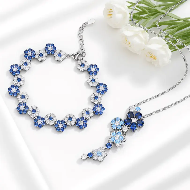 Conjunto de joyería Vintage elegante para mujer, collar de flores con incrustaciones, gargantilla azul, pulsera de boda nupcial, regalo de fiesta, 2 uds. 1