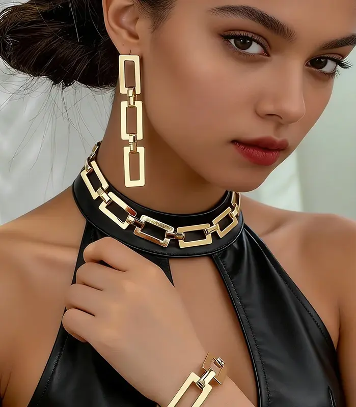 Juego de 3/4 piezas de pulseras y collares de cadena geométrica hueca de color dorado a la moda para mujer y niña, nuevo conjunto de moda que no se desvanece 2