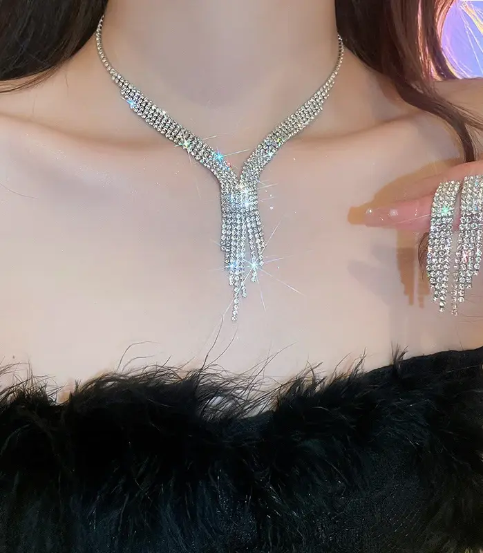 Juego de Joyería Vintage Elegante de 3 Piezas para Mujer, Collar con Flecos de Gotas de Agua, Gargantilla con Brillantes, Aretes de Novia para Boda, Fiesta 2