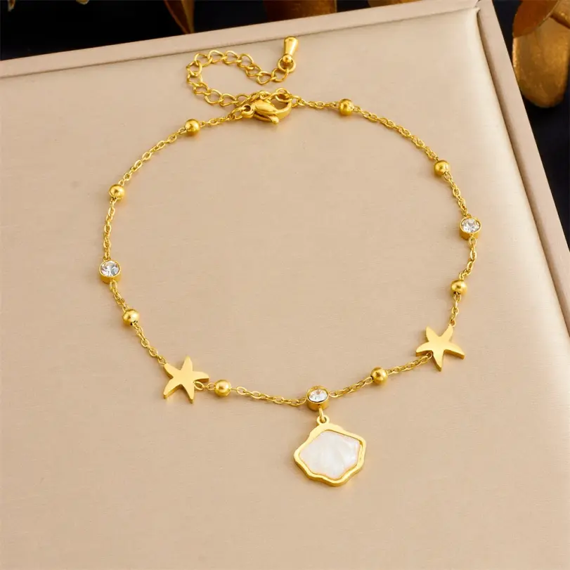 Tobilleras DIEYURO 316L de acero inoxidable amarillo vieira estrella de mar circón para mujer cadenas de pie de estilo marino regalo de joyería impermeable 6
