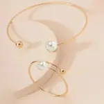 Juego de Joyería Vintage Elegante de 2 Piezas para Mujer, Collar Ovalado con Bola Redonda Blanca, Gargantilla Dorada, Pulsera de Boda, Regalo para Fiesta 5