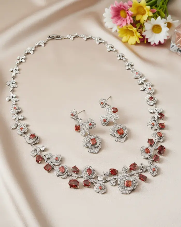 Juego de Joyería Vintage Elegante de 3 Piezas para Mujer, Collar con Cristales de Imitación de Rosa, Gargantilla Brillante, Aretes de Cristal para Novia, Boda, Fiesta 1