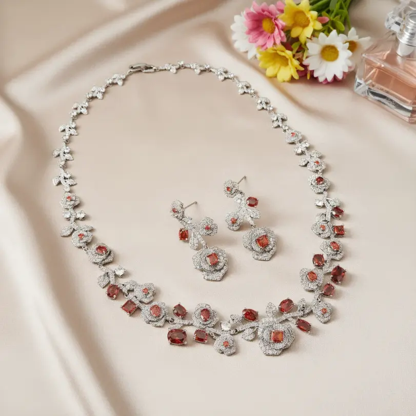 Juego de Joyería Vintage Elegante de 3 Piezas para Mujer, Collar con Cristales de Imitación de Rosa, Gargantilla Brillante, Aretes de Cristal para Novia, Boda, Fiesta 1
