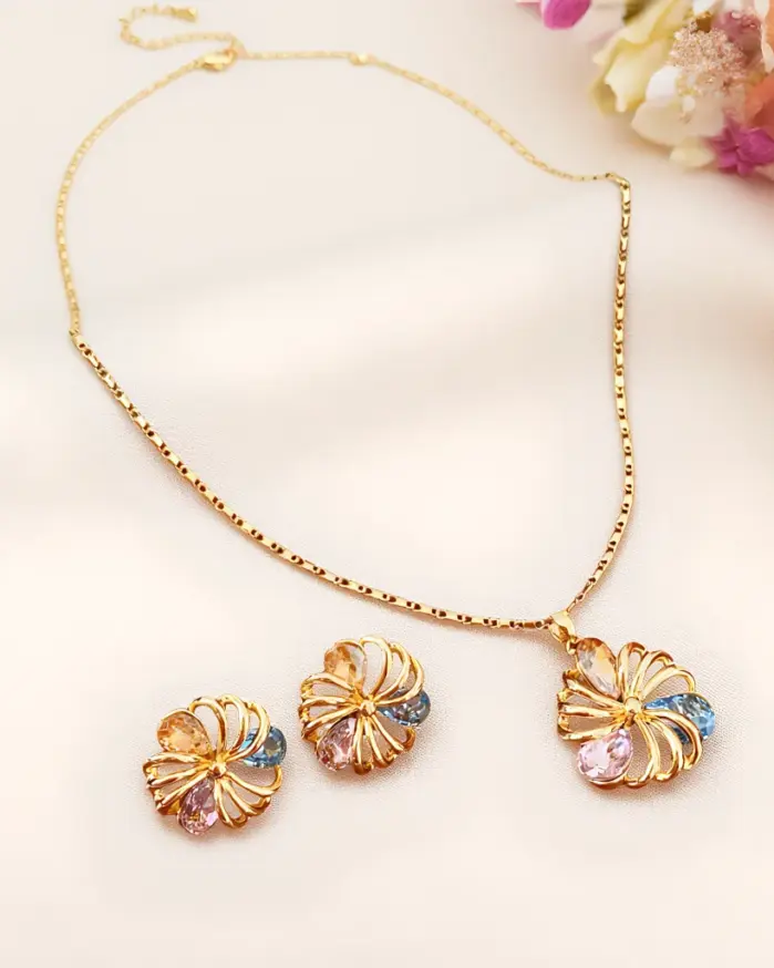 Juego de Joyería Vintage Elegante de 3 Piezas con Flores Coloridas, Collar de Cristal Brillante, Gargantilla, Aretes para Novia, Boda, Fiesta 1