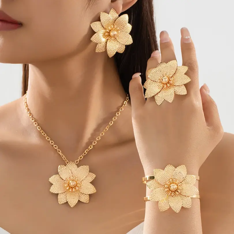 Conjunto de joyería Vintage elegante para mujer, collar de flores con temperamento dorado, Gargantilla, pulsera de boda nupcial, regalo de fiesta, 5 uds. 2