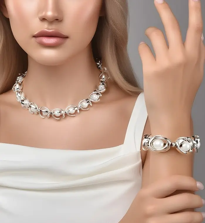 Conjunto de Joyería de Perlas con Diseño de Espiral Plateada para Mujer, Collar y Pulsera con Cadena de Eslabones Escultóricos Plateados, Regalo de Joyería Modernista con Perlas 1