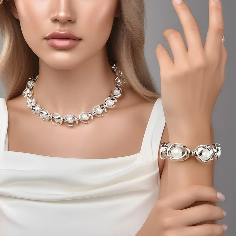 Conjunto de Joyería de Perlas con Diseño de Espiral Plateada para Mujer, Collar y Pulsera con Cadena de Eslabones Escultóricos Plateados, Regalo de Joyería Modernista con Perlas 1 Conjunto de Joyería de Perlas con Diseño de Espiral Plateada para Mujer, Collar y Pulsera con Cadena de Eslabones Escultóricos Plateados, Regalo de Joyería Modernista con Perlas 1