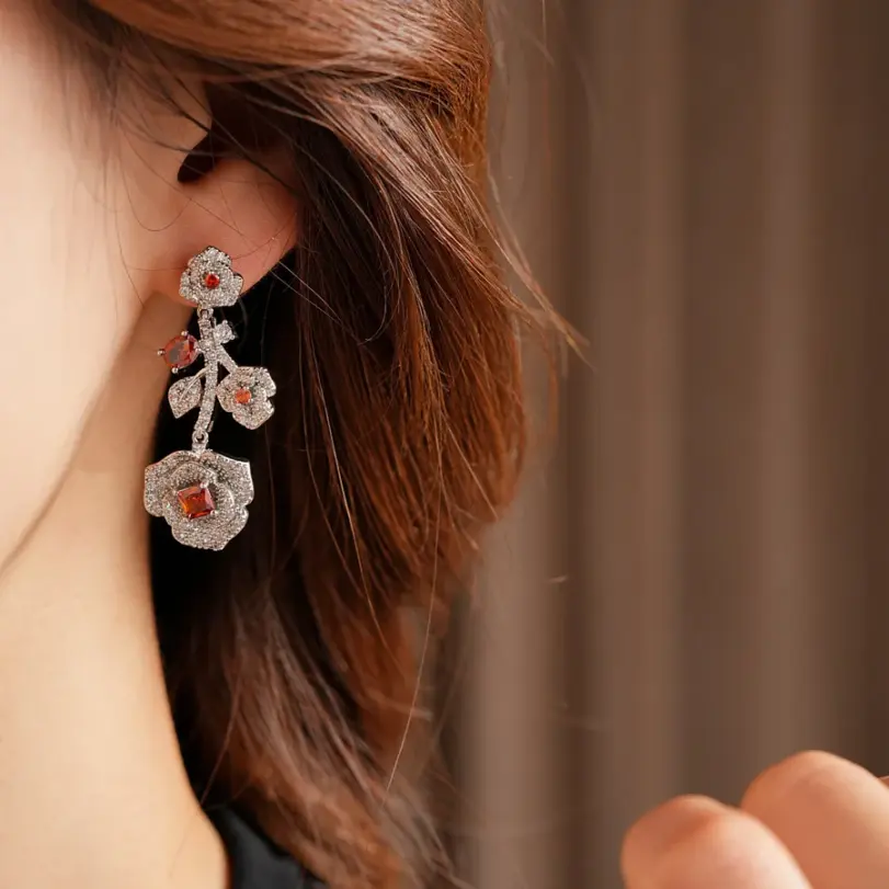 Juego de Joyería Vintage Elegante de 3 Piezas para Mujer, Collar con Cristales de Imitación de Rosa, Gargantilla Brillante, Aretes de Cristal para Novia, Boda, Fiesta 4