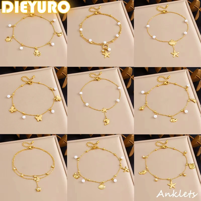 DIEYURO 316L Acero inoxidable Golden Ocean Series Zircon perla borla colgante tobilleras señora nueva cadena de pie impermeable regalo de joyería 1 DIEYURO 316L Acero inoxidable Golden Ocean Series Zircon perla borla colgante tobilleras señora nueva cadena de pie impermeable regalo de joyería 1