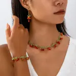 Conjunto de Joyería de Cuentas de Cristal con Diseño de Cereza Miniatura y Hoja Verde, que incluye Gargantilla y Pulsera Colgante, Estilo Dulce y Encantador, Serie Frutas Vintage 1
