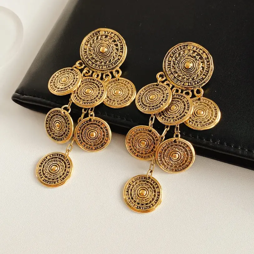 Juego de joyería vintage elegante de 3 piezas para mujer, collar largo con diseño circular, collarín de moda, pendientes para novia, boda, fiesta 5