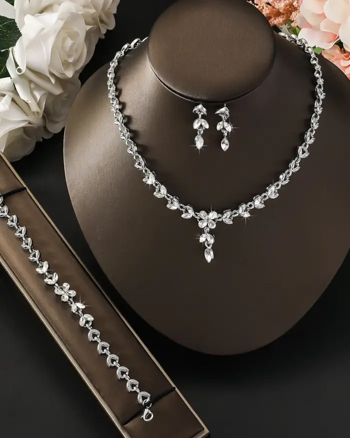 Conjunto de joyería roja brillante, collar de hojas de cristal, pendiente de lágrima elegante, pulsera de plata, accesorios de fiesta, regalo, 4 Uds. 2