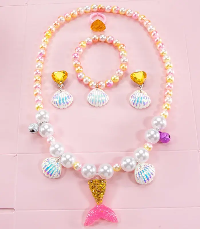 Set de Joyería Infantil de Sirena 2026, Collar y Pulsera de Perlas Coloridas, Accesorios Brillantes de Concha de Princesa para Niñas, Regalo de Cumpleaños 2