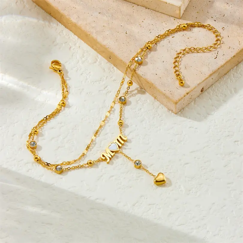DIEYURO-tobillera de acero inoxidable 316L, cadena de pie, joyería glamurosa, circón redondo, doble capa, corazón, mamá dorada, regalo de vacaciones 4