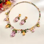 Juego de Joyería Vintage Elegante de 3 Piezas para Mujer, Collar con Hojas de Gota de Agua Coloridas, Gargantilla de Cristal Brillante, Aretes de Novia para Boda, Fiesta 1