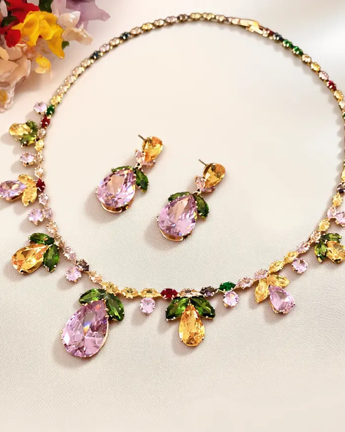 Juego de Joyería Vintage Elegante de 3 Piezas para Mujer, Collar con Hojas de Gota de Agua Coloridas, Gargantilla de Cristal Brillante, Aretes de Novia para Boda, Fiesta 1