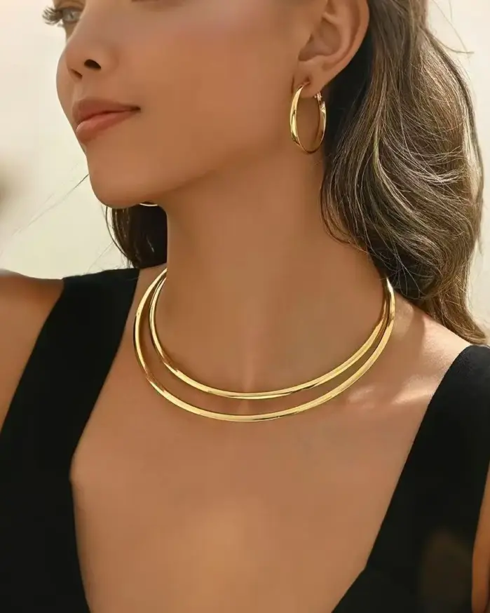 Juego de Joyería Elegante y Moderno de 3 Piezas para Mujer, Collar Geométrico Tipo O, Gargantilla de Metal Clásica, Uso Diario Informal, Pendientes Grandes, Regalo 2