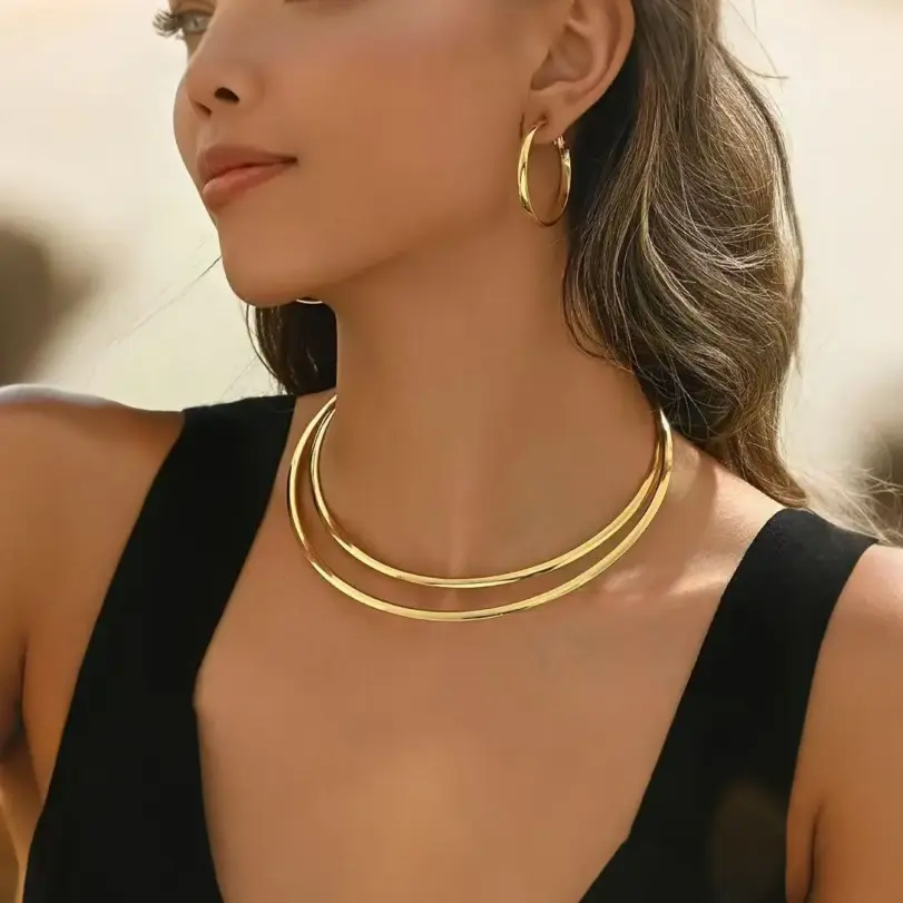 Juego de Joyería Elegante y Moderno de 3 Piezas para Mujer, Collar Geométrico Tipo O, Gargantilla de Metal Clásica, Uso Diario Informal, Pendientes Grandes, Regalo 2
