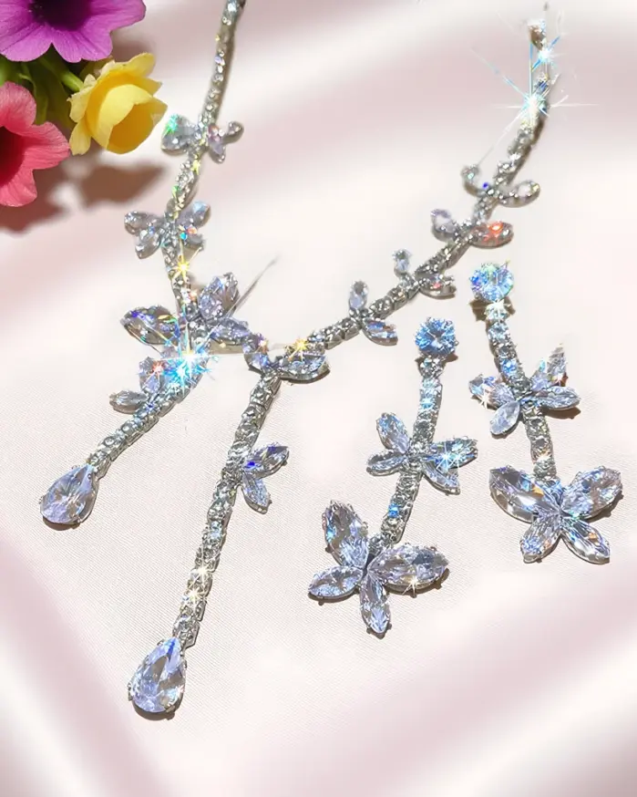 Juego de Joyería Vintage Elegante de 3 Piezas para Mujer, Collar con Borla de Mariposa, Gargantilla de Cristal Brillante, Pendientes de Novia para Boda, Fiesta 1