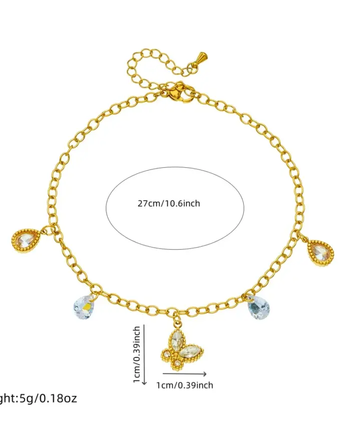 DIEYURO 316L Acero inoxidable mariposa dorada gota de agua tobillera de circón para mujer cadena de pie de moda joyería regalo glamuroso 2