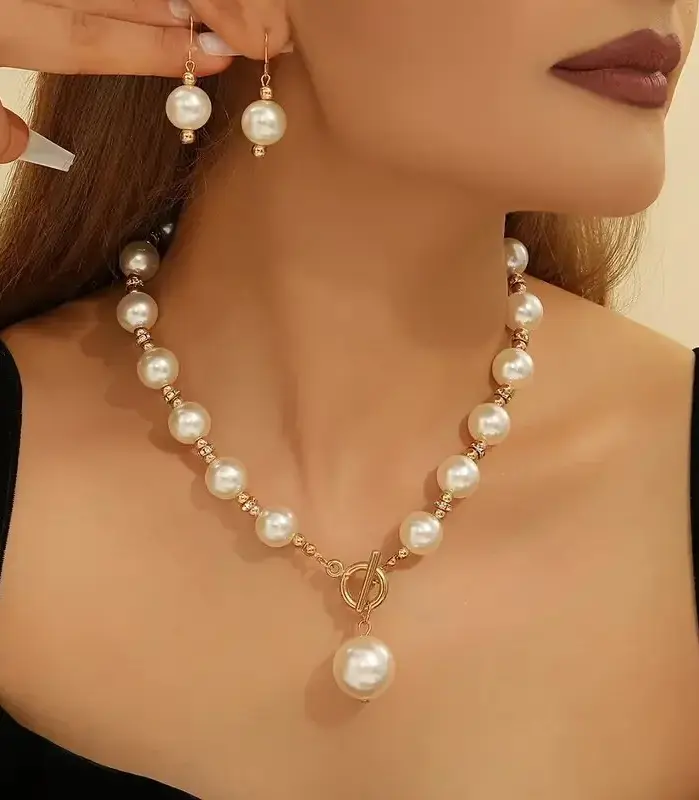 Juego de Joyería Vintage Elegante de 3 Piezas para Mujer, Collar con Cuentas Redondas con Microincrustaciones, Gargantilla de Cristal Brillante, Aretes de Novia para Boda, Fiesta 2