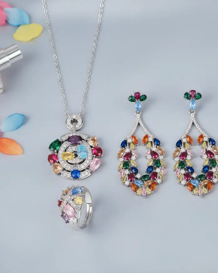 Conjunto de joyería Vintage elegante para mujer, collar de circonio de colores, gargantilla de cristal brillante, pendientes de boda para fiesta, 4 Uds. 1