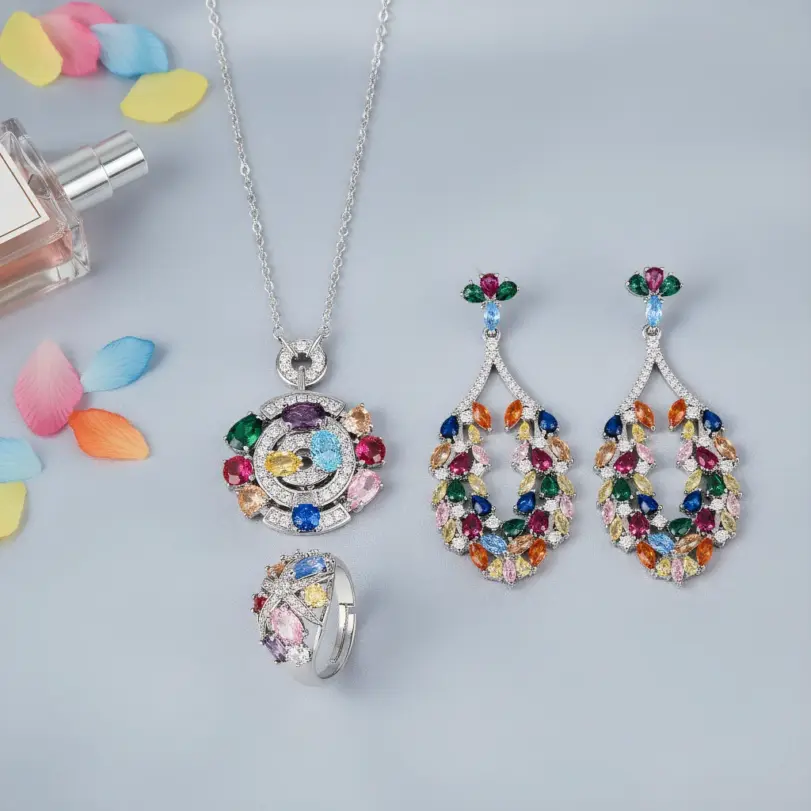 Conjunto de joyería Vintage elegante para mujer, collar de circonio de colores, gargantilla de cristal brillante, pendientes de boda para fiesta, 4 Uds. 1