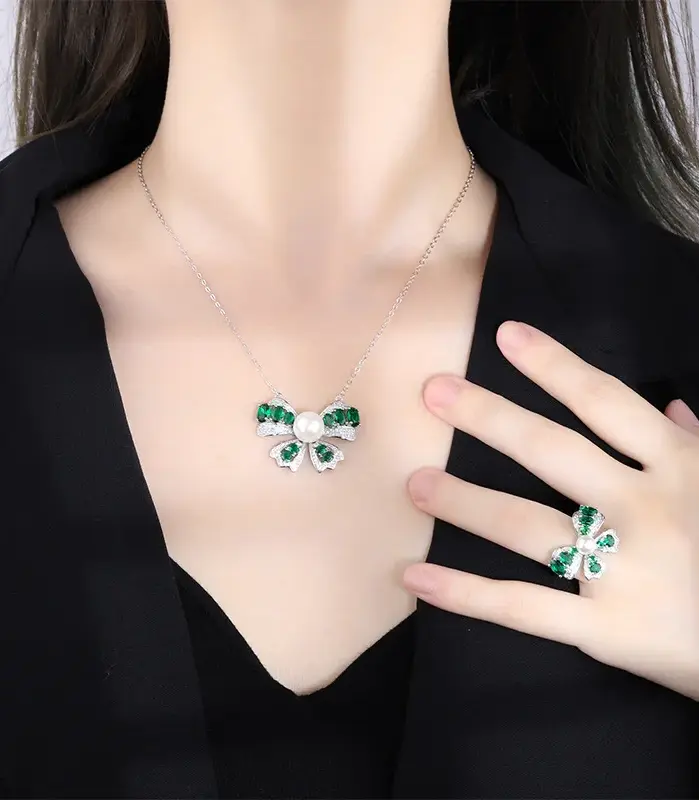 Conjunto de joyería Vintage elegante para mujer, collar con lazo de piedras preciosas de nácar, gargantilla de cristal brillante, anillo de boda para fiesta, 2 uds. 2