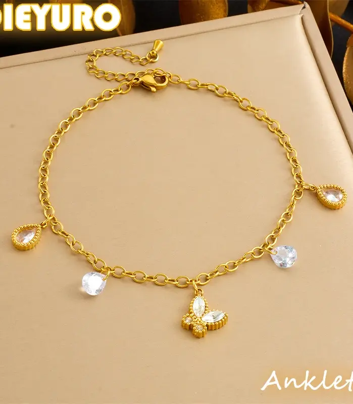 DIEYURO 316L Acero inoxidable mariposa dorada gota de agua tobillera de circón para mujer cadena de pie de moda joyería regalo glamuroso 1