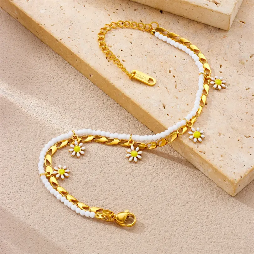 DIEYURO 316L Acero inoxidable blanco pequeña flor gota de aceite tobilleras de doble capa para mujeres cadenas de pie impermeables regalo de joyería 5
