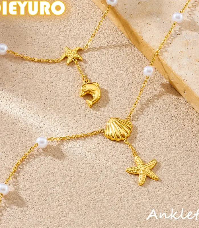 DIEYURO 316L Acero inoxidable perla estrella de mar delfín vieira colgante tobilleras para mujeres nueva cadena de pie impermeable regalo de joyería 1