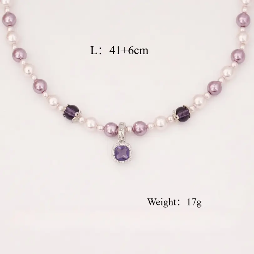 Juego de Joyería Vintage Elegante de 2 Piezas para Mujer, Collar con Pedrería Brillante Morada, Pulsera de Perlas para Novia, Regalo de Boda o Fiesta 6