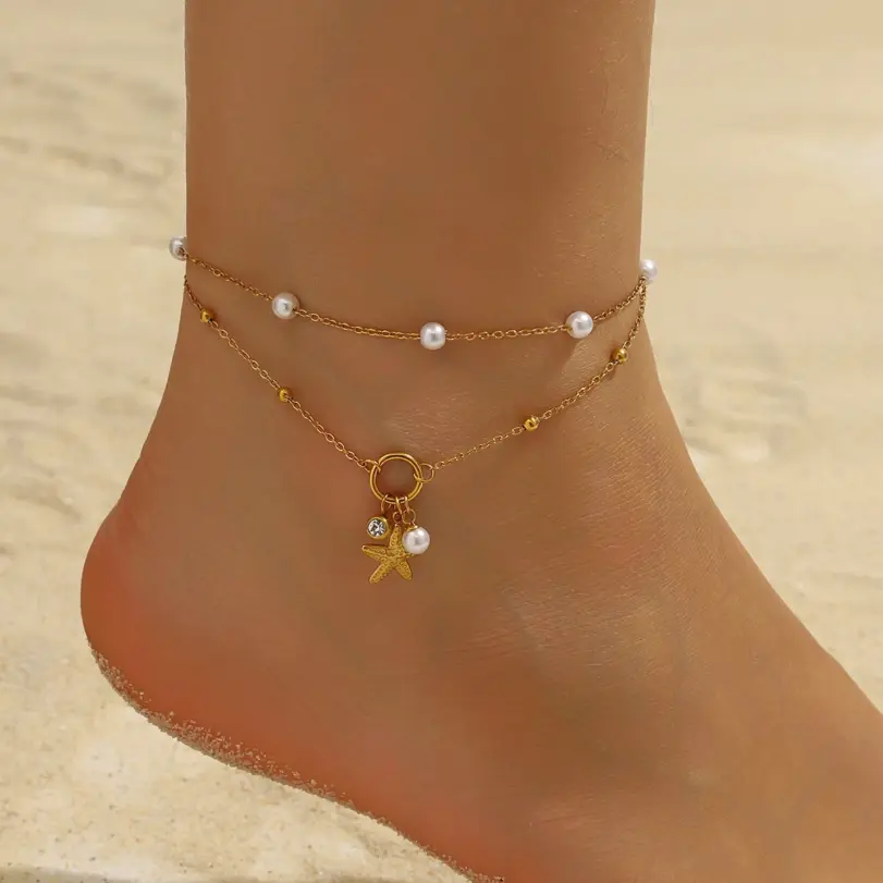 DIEYURO 316L Acero inoxidable perla circón estrella de mar colgante tobilleras de doble capa señora chapado en oro impermeable cadena de pie joyería 3