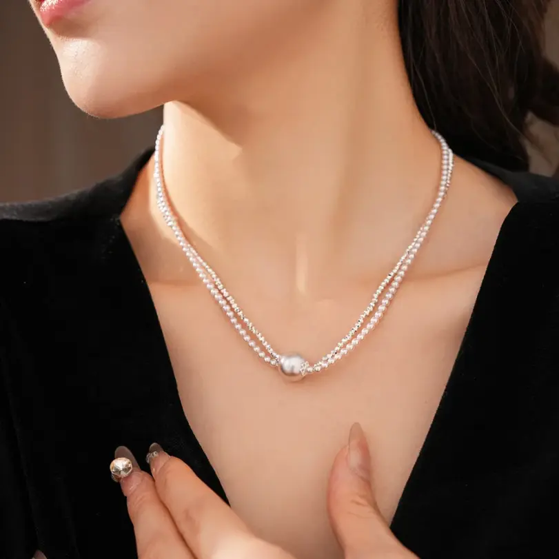 Juego de Joyería Vintage Elegante de 2 Piezas para Mujer, Collar de Perlas Redondas de Metal, Gargantilla Rosa Claro, Pulsera de Novia para Boda, Regalo para Fiesta 3