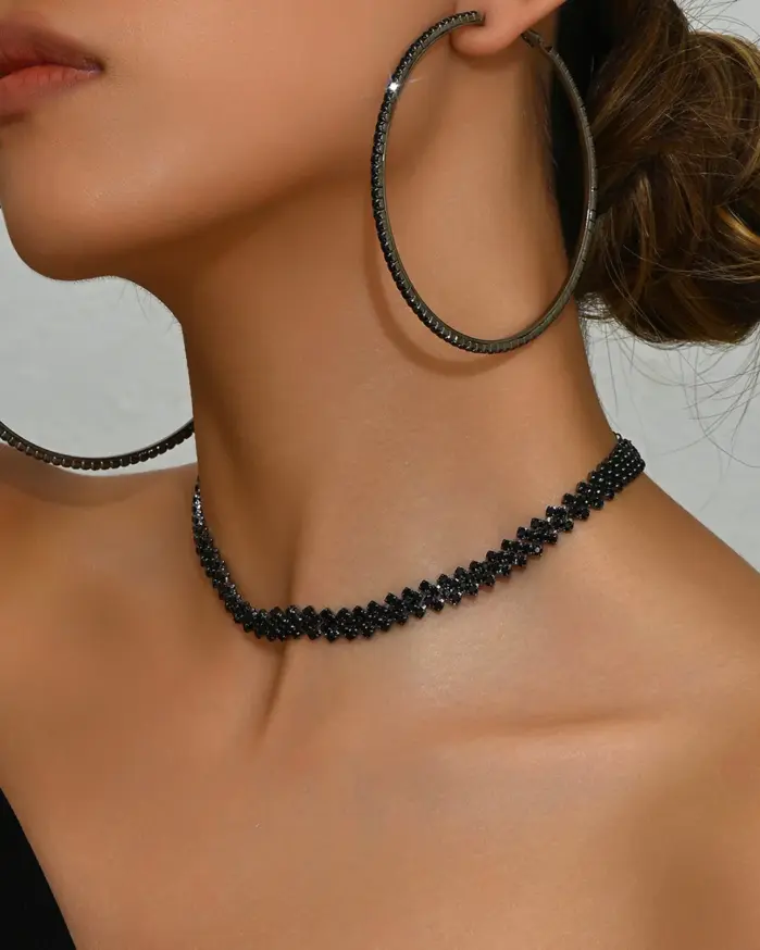 Pendientes de Aro Grandes con Cristales Negros Brillantes y Diamantes de Imitación, Joyería de Moda para Mujer, Collar y Pendientes Llamativos 1