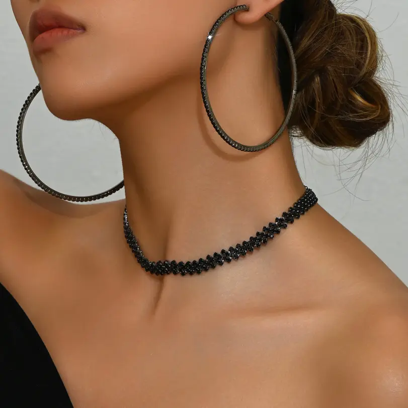 Pendientes de Aro Grandes con Cristales Negros Brillantes y Diamantes de Imitación, Joyería de Moda para Mujer, Collar y Pendientes Llamativos 1 Pendientes de Aro Grandes con Cristales Negros Brillantes y Diamantes de Imitación, Joyería de Moda para Mujer, Collar y Pendientes Llamativos 1