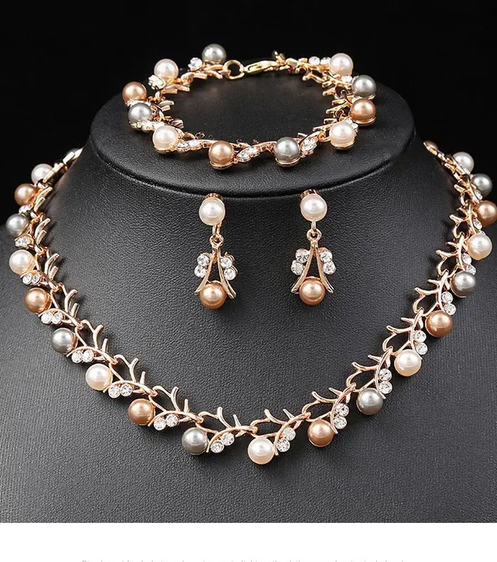 Elegante Conjunto de Joyería de Perlas para Novia, Collar, Aretes y Pulsera con Diseño de Hojas Vintage, Cristales Brillantes, Conjunto Dorado para Damas de Honor 2