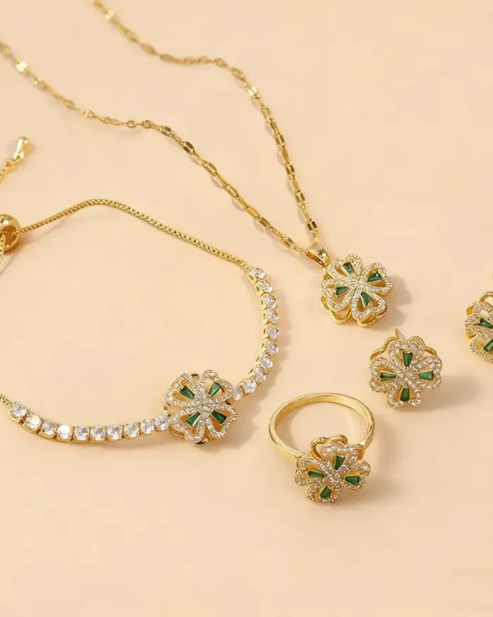 Juego de Joyería Elegante y Moderno de 5 Piezas para Mujer, Collar con Flor de Cuatro Hojas Giratoria, Gargantilla de Metal Clásica, Aretes para Uso Diario Informal 2