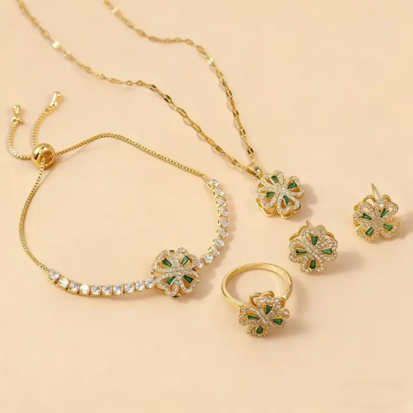 Juego de Joyería Elegante y Moderno de 5 Piezas para Mujer, Collar con Flor de Cuatro Hojas Giratoria, Gargantilla de Metal Clásica, Aretes para Uso Diario Informal 2