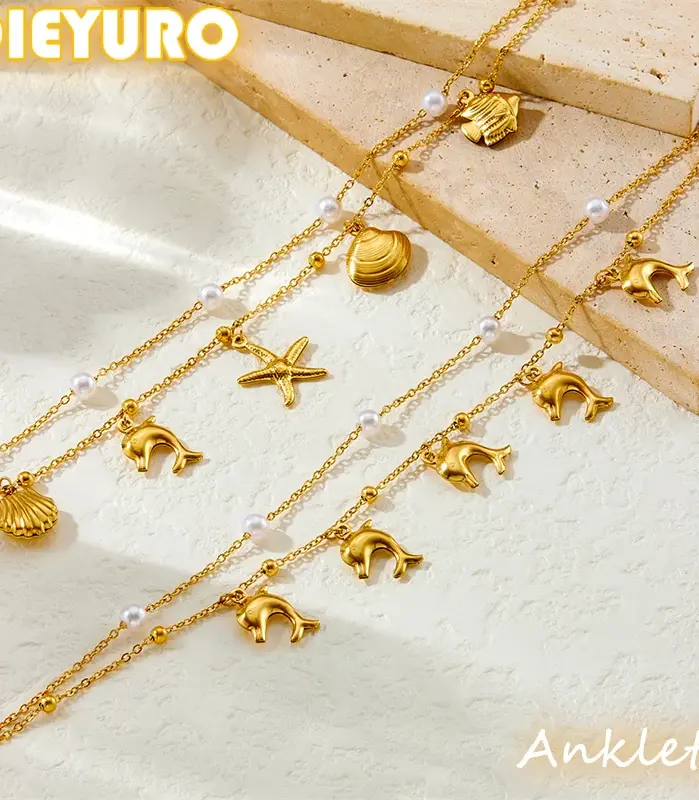 DIEYURO 316L Acero inoxidable Golden Dolphin estilo océano perla tobilleras de doble capa mujeres tendencia pie cadenas joyería regalo de vacaciones 1