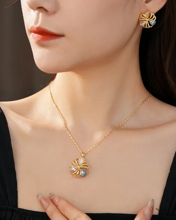 Juego de Joyería Vintage Elegante de 3 Piezas con Flores Coloridas, Collar de Cristal Brillante, Gargantilla, Aretes para Novia, Boda, Fiesta 2