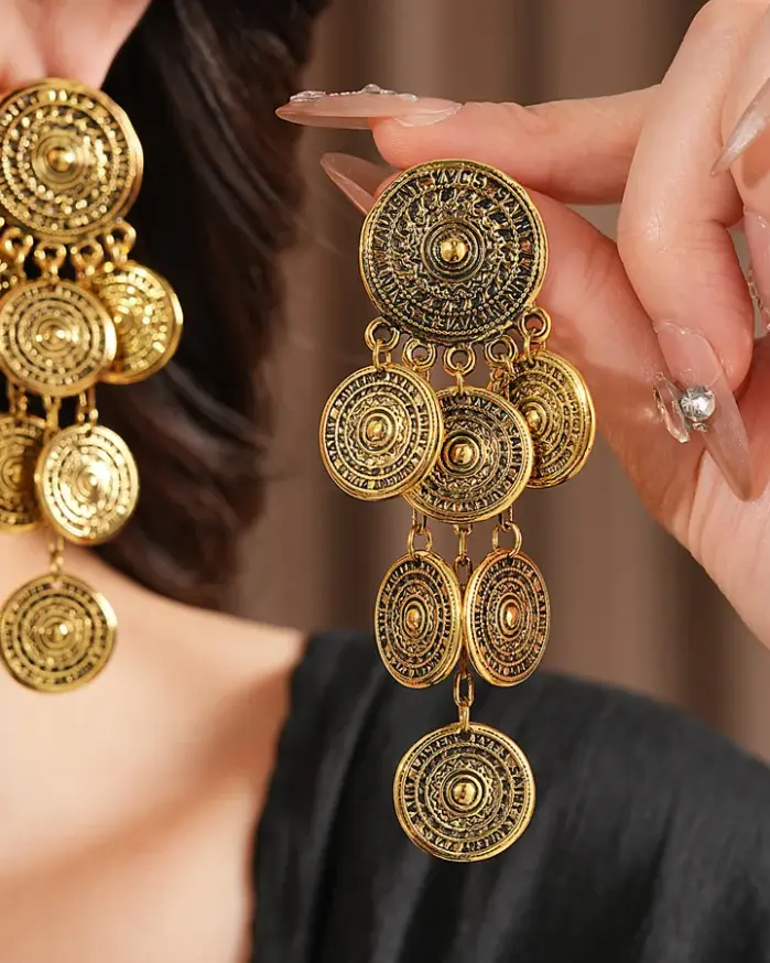 Juego de joyería vintage elegante de 3 piezas para mujer, collar largo con diseño circular, collarín de moda, pendientes para novia, boda, fiesta 2