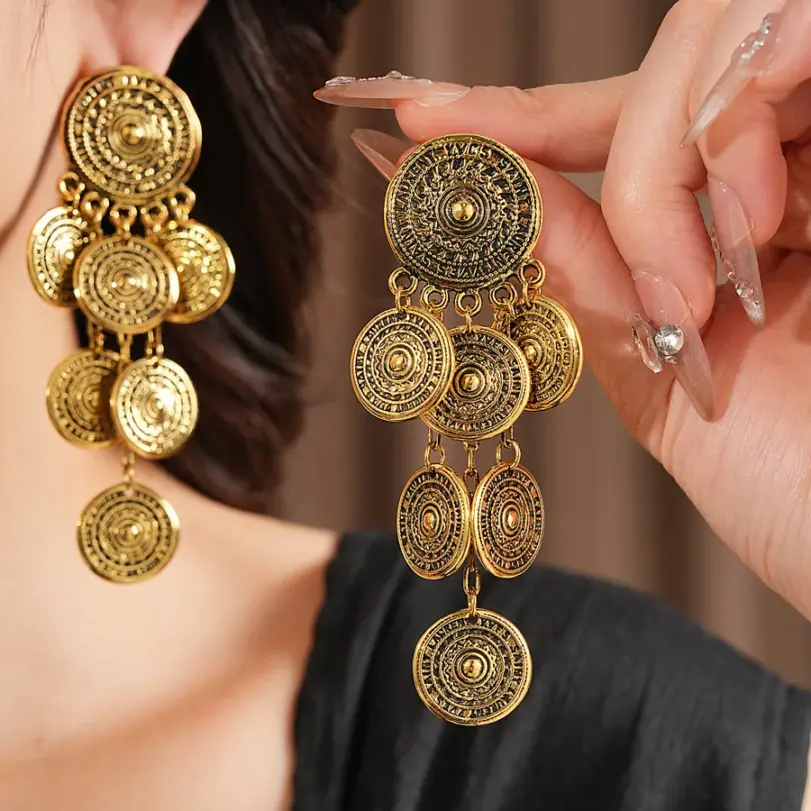Juego de joyería vintage elegante de 3 piezas para mujer, collar largo con diseño circular, collarín de moda, pendientes para novia, boda, fiesta 2