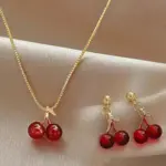 Conjunto de Joyería Cherry, Elegante Conjunto para Mujer, Collar y Aretes Rojos, Diseño Minimalista, Collar de Cereza Roja para Damas 4