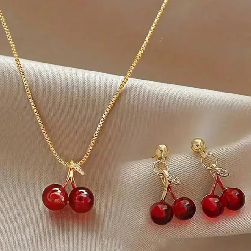 Conjunto de Joyería Cherry, Elegante Conjunto para Mujer, Collar y Aretes Rojos, Diseño Minimalista, Collar de Cereza Roja para Damas 4