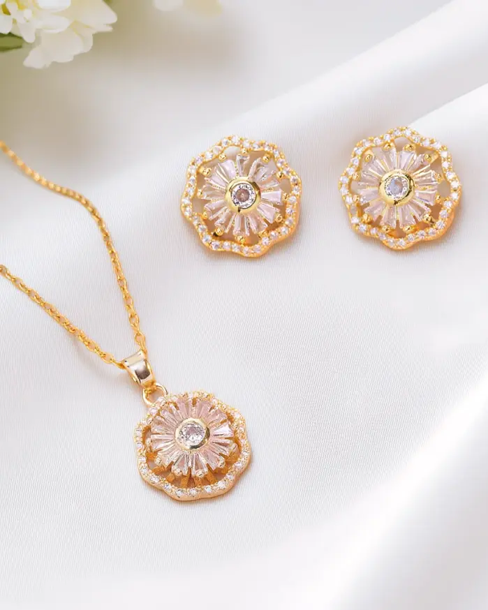 Juego de Joyería Elegante y Moderno de 3 Piezas para Mujer, Collar con Diseño de Flor Giratoria, Gargantilla Dorada Clásica, Aretes para Uso Diario Informal, Regalo 1